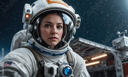 Ornate Odyssey: young woman Astronaut's Suit Takes Center Stage Amidst Intergalactic Thunderstorm