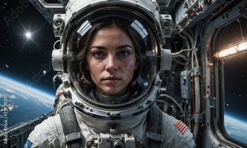 Space Odyssey: young woman Astronaut Embarks on Cosmic Adventure During a Galactic Thunderstorm