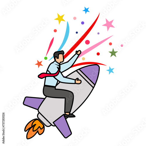 Self-starter Go-getter Employee concept, person sitting rocket and flying Breaking Records vector design, self improvement at workplace Symbol, business motivation Sign, goal-directed behavior stock
