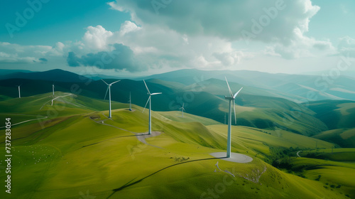 Global Eco Power. Wind turbines on a green hills farm. Alternative energy source. Sustainability and net zero concept. Generative AI