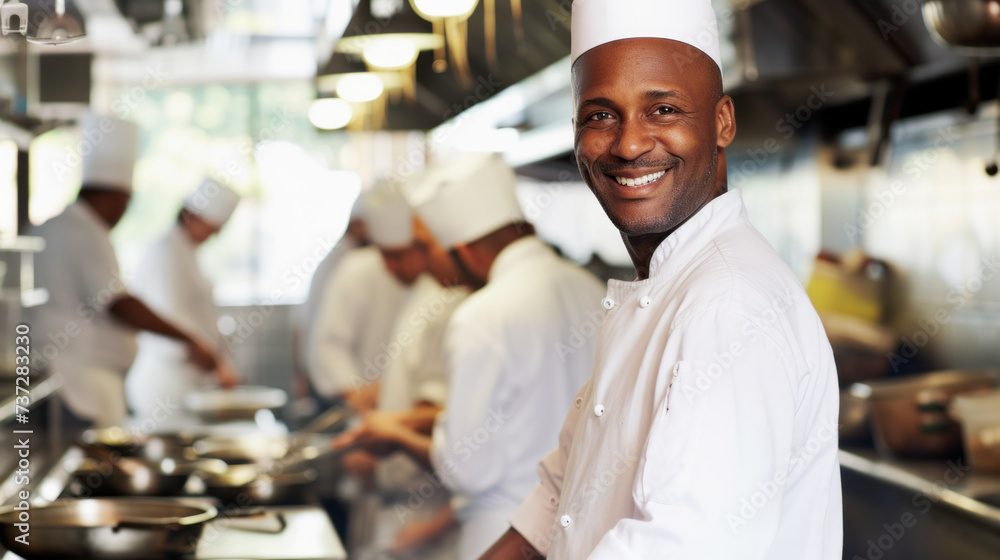 Smiling African American chef in restaurant kitchen