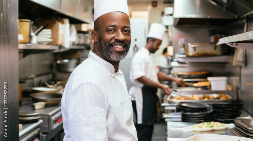 Smiling African American chef in restaurant kitchen Smiling African American chef in restaurant kitchen