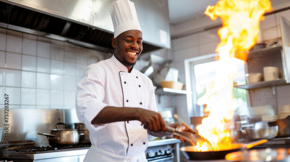 Happy African American chef doing hard work with smile Happy African American chef doing hard work with smile