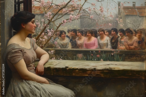 A group of young women looking out a window at a blossoming tree photo