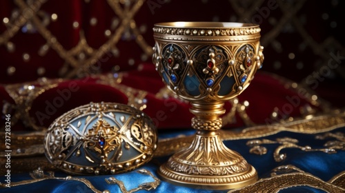 ornate golden chalice and jeweled egg on blue and red velvet