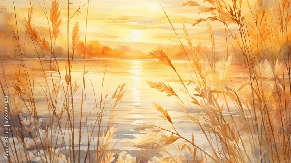 watercolor painting of lake and tall grass at sunset watercolor painting of lake and tall grass at sunset