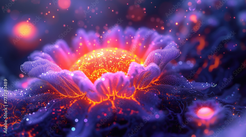 Surreal glowing violet flower, microscopic image Surreal glowing violet flower, microscopic image