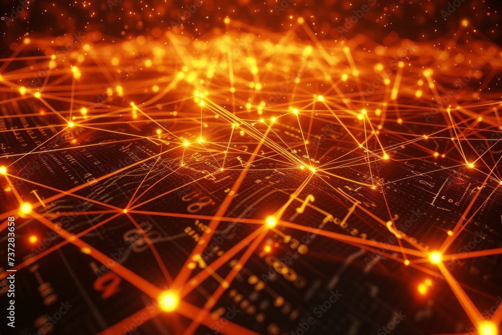 Abstract futuristic illustration of a digital landscape with glowing orange nodes and lines of a computer network Abstract futuristic illustration of a digital landscape with glowing orange nodes and lines of a computer network