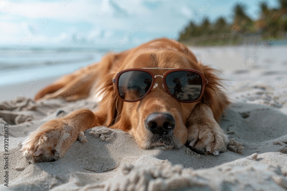 Golden Retriever dog with sunglasses lying on the sand of a beach relaxing and enjoying a summer vacation. Love to dogs.