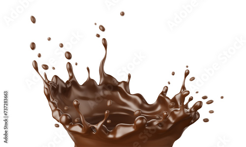 Milk Chocolate fluid splash crown flow with bubbles and drops isolated. Melted hot chocolate drink for sweet food packaging design. 3D PNG Illustration.