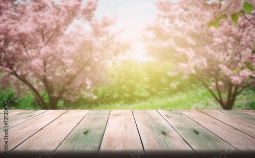 wooden desk platform and sakura tree on background