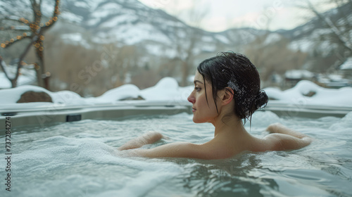 A woman enjoys a hot spa pool with mountain views in the background, surrounded by winter snow, with steam rising from the water. Ai generative