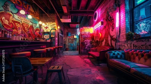 Modern futuristic neon lights casting vibrant hues on weathered brick walls, intricate graffiti art covering the surfaces, scattered vintage furniture adding to the urban ambiance