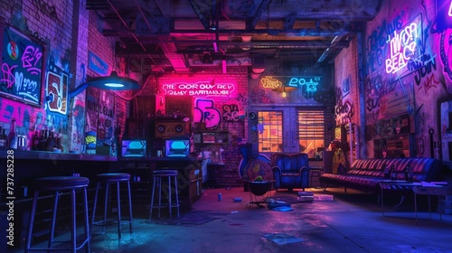 Modern futuristic neon lights casting vibrant hues on weathered brick walls, intricate graffiti art covering the surfaces, scattered vintage furniture adding to the urban ambiance