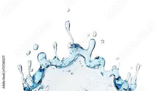 Water splashes spray and drops of pure drinking mineral water. Realistic drink liquid with bubbles. Isolated. PNG Illustration. photo