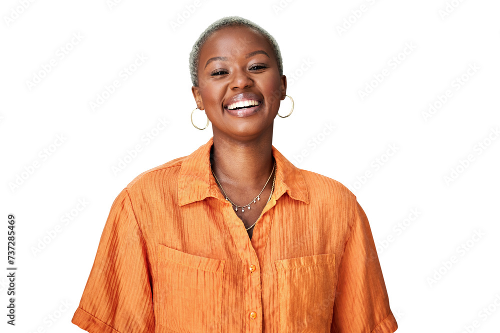 © Suresh/peopleimages.com - Happy, excited and portrait of young black woman with positive, good and confident attitude. Laughing, goofy and African female person with comic, funny and comedy joke by transparent png background.