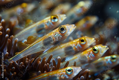Group of small fish on the bottom of the sea. Sustainable fishing. Care of the oceans. photo
