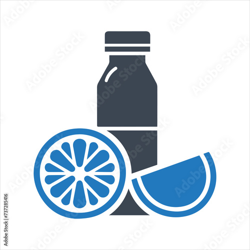 Sport Shaker With Fresh Juice icon. Lunch box icon. Lunch box with sandwich, a bottle of water and fruit icon