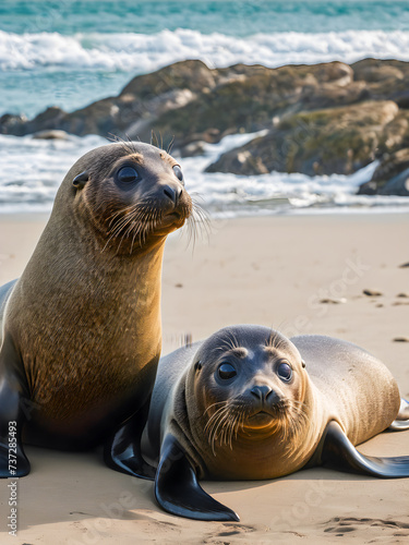 Two sea lions (Zalophus californianus) on the beach