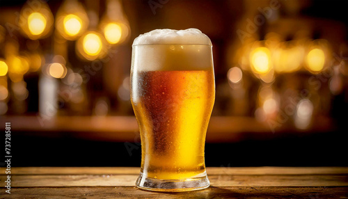 Close-up of a glass of lager cold beer with white foam, above an old wooden table, bar or pub counter. Blurry and dark room in the background with lights on. Generative Ai.