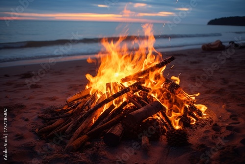 A beach bonfire crackling in the early morning