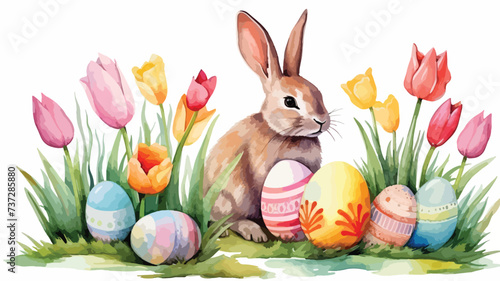Easter bunny with eggs and tulips meadow watercolor © Vector