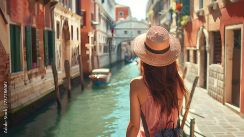 Beautiful tourist young woman walking in Venice city street on summer, Italy, tourism travel holiday vacations concept in Europe © BeautyStock
