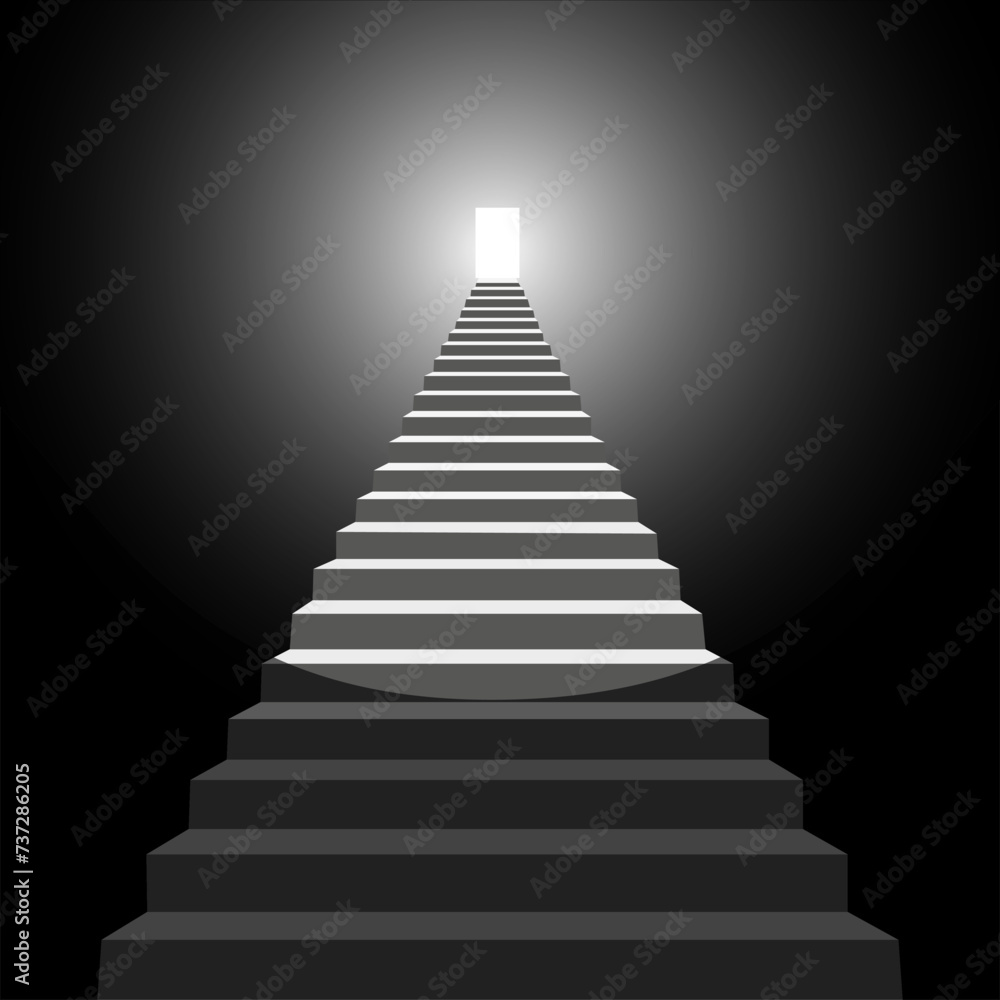 Steps leading to light in the dark. Walking towards the light. Light at the end of the tunnel. Steps leading to light in the dark. Walking towards the light. Light at the end of the tunnel.