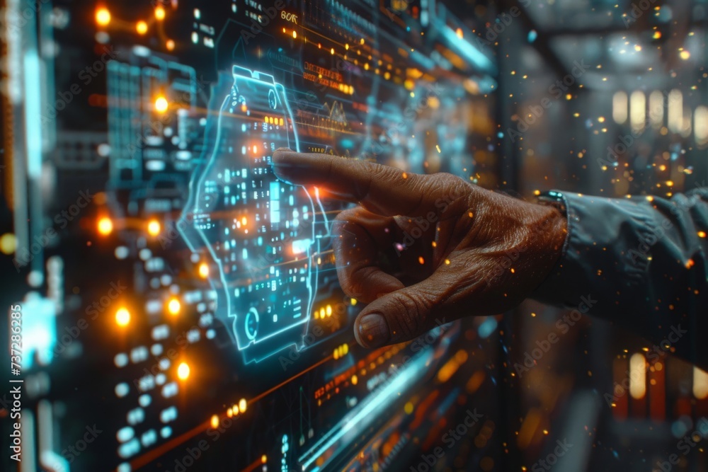 Hand of a male entrepreneur pointing to graphics generated by a hologram powered by artificial intelligence. Concept of business, future and technology. Hand of a male entrepreneur pointing to graphics generated by a hologram powered by artificial intelligence. Concept of business, future and technology.