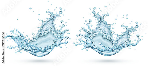 Set of Water splashes spray and drops of pure drinking mineral water. Realistic liquid with bubbles. Isolated. PNG Illustration.