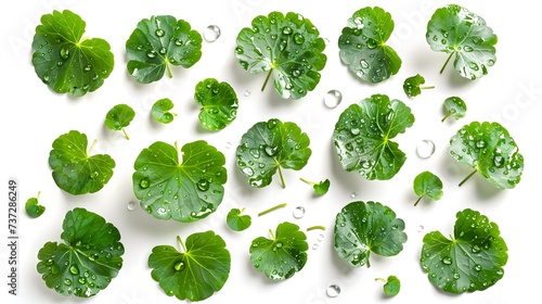 Centella asiatica leaves with rain drop isolated on white background top view.