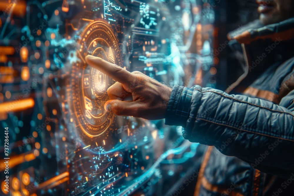 Hand of a male entrepreneur pointing to graphics generated by a hologram powered by artificial intelligence. Concept of business, future and technology. - obrazy, fototapety, plakaty 