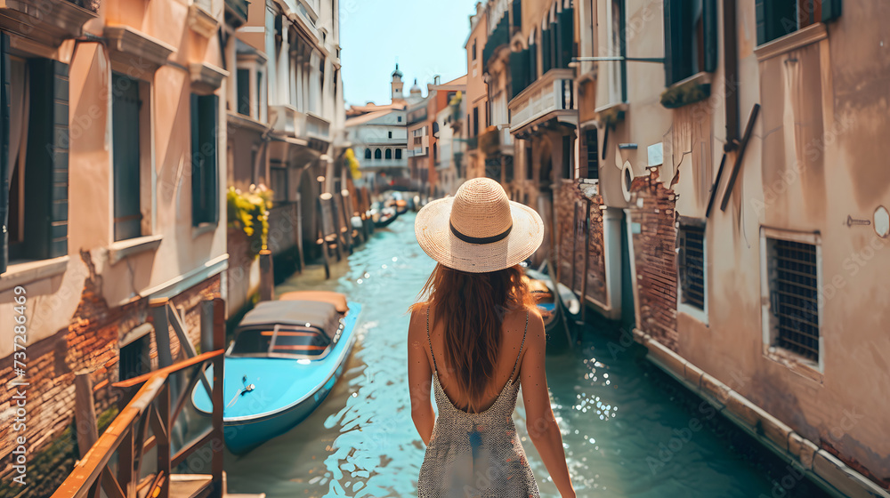 Beautiful tourist young woman walking in Venice city street on summer, Italy, tourism travel holiday vacations concept in Europe