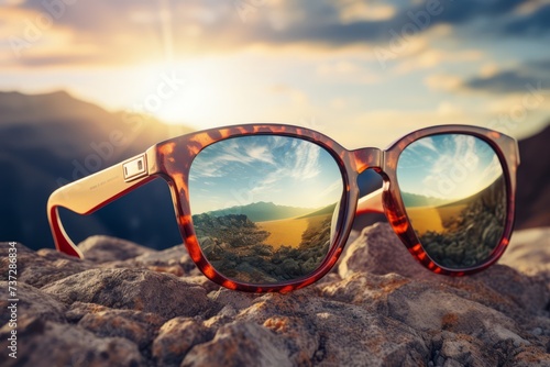 A close up of a traveler's sunglasses reflecting a stunning landscape, inviting wanderlust