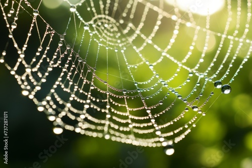 A close up reflection of a dew covered spiderweb in the morning light