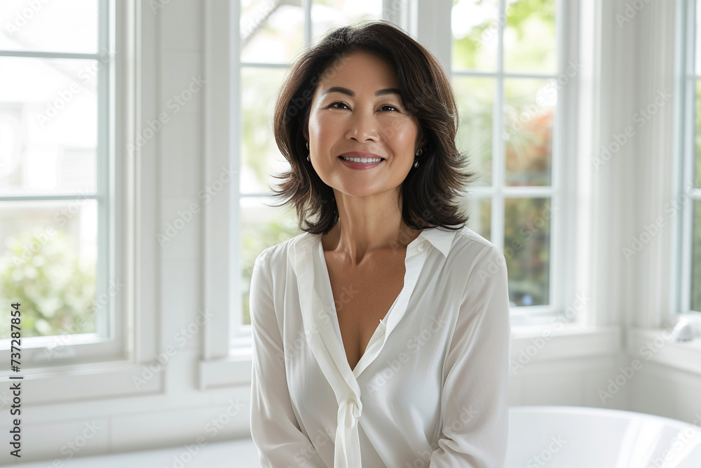 Beautiful, radiant 60-year-old Asian woman, exuding elegance and vitality with her wide smile, standing in white blouse against the background of a white bathroom and big windows. Copy space Beautiful, radiant 60-year-old Asian woman, exuding elegance and vitality with her wide smile, standing in white blouse against the background of a white bathroom and big windows. Copy space