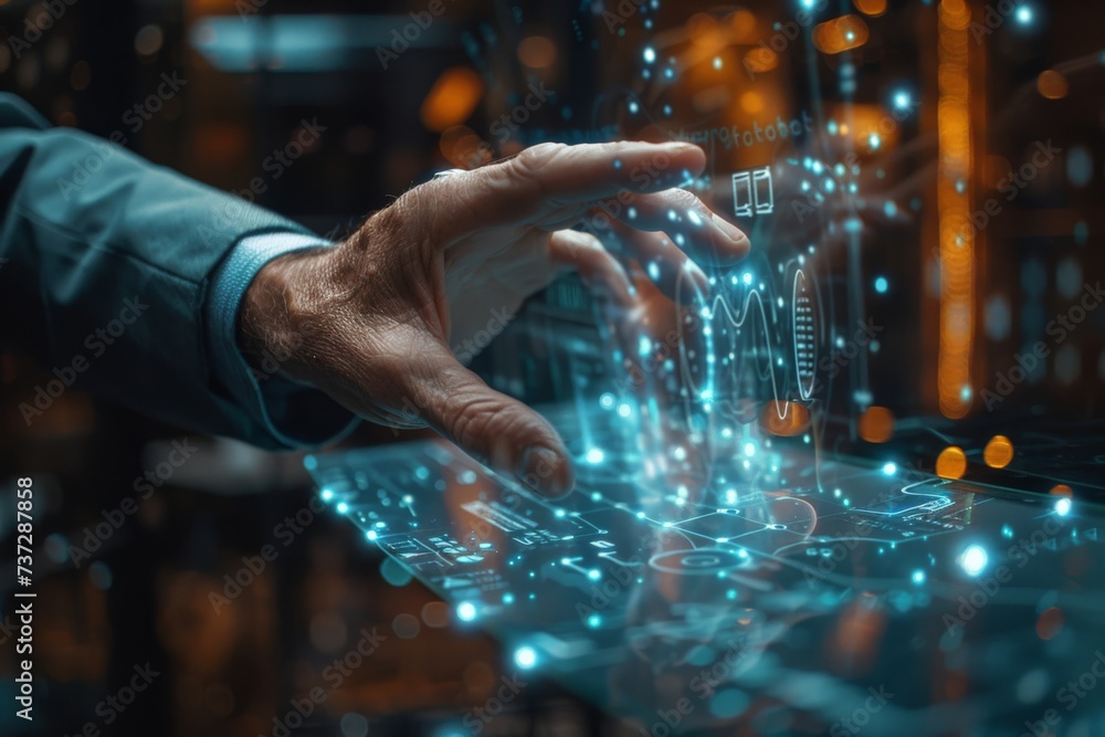 Hand of an entrepreneur using a hologram in his business. Concept of technology, business and future.