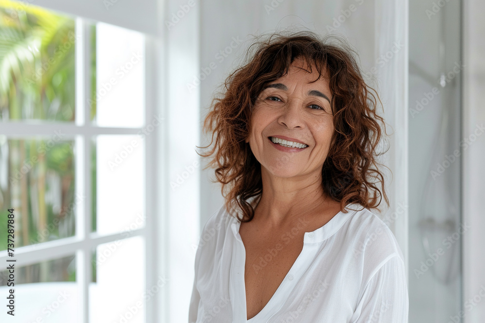Beautiful, radiant 60-year-old Hispanic woman, exuding elegance and vitality with her wide smile, standing in white blouse against the background of a white bathroom and big windows. Copy space