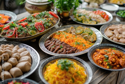 Iftar buffet, a variety of typical Middle Eastern food served on the dining table for Muslims to break their fast in the month of Ramadan