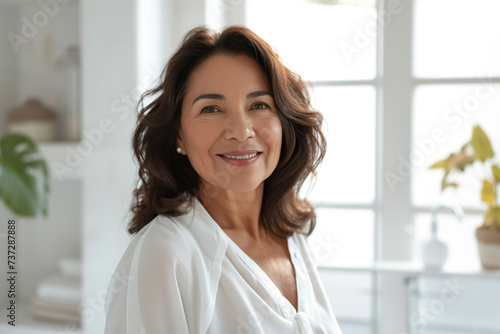 Beautiful, radiant 60-year-old Latin American woman, exuding elegance and vitality with her wide smile, standing in white blouse against the background of a white bathroom and big windows. Copy space