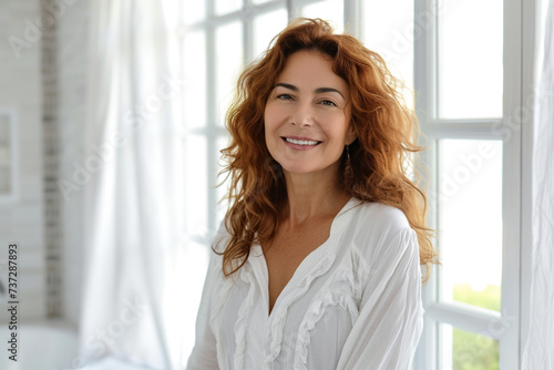 Beautiful, radiant 60-year-old Latin American woman, exuding elegance and vitality with her wide smile, standing in white blouse against the background of a white bathroom and big windows. Copy space