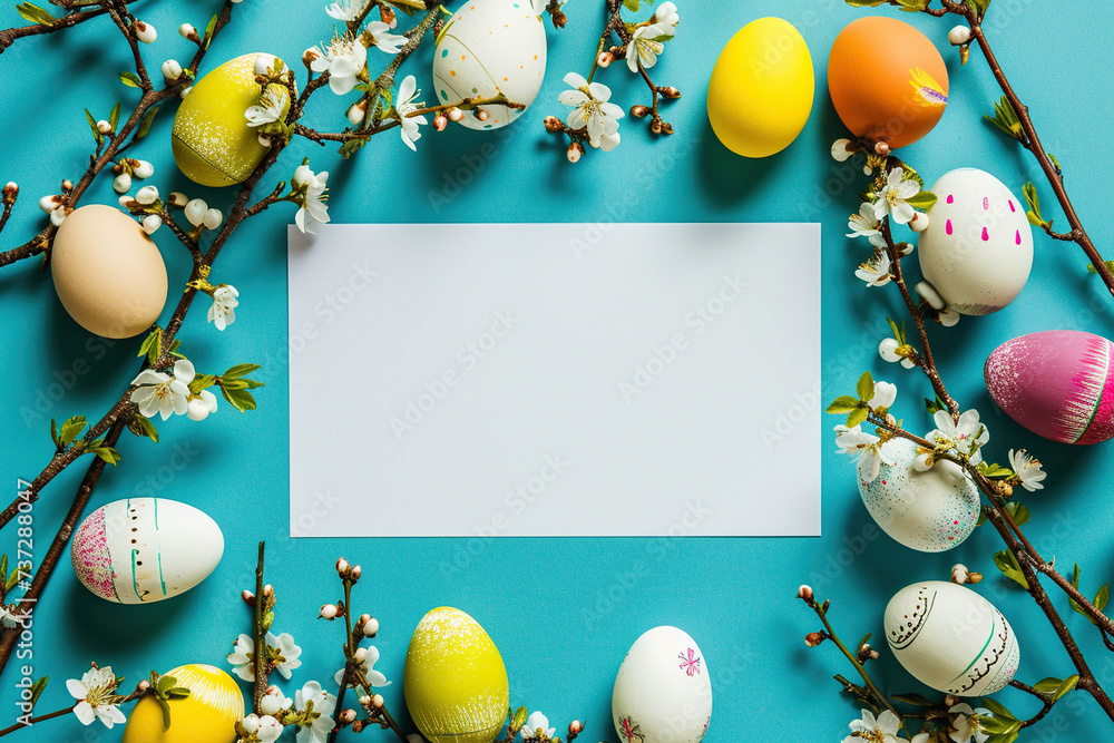 Colorful Easter eggs surround a blank white paper on a blue background, a festive setup for a holiday message. Banner with copy space.