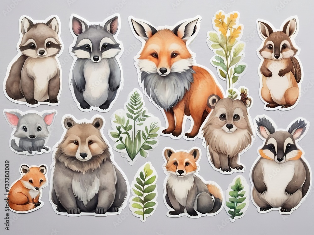 Fototapeta premium Set of cute cartoon animals with leaves and branches. Vector illustration. Stickers, cutting edges