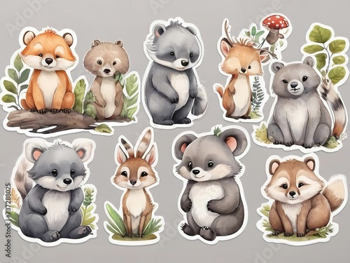 Cute cartoon animal stickers set. Watercolor illustration of forest animals. Stickers, cutting edges,