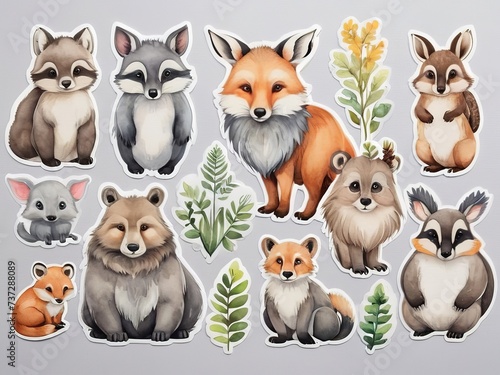 Set of cute cartoon animals with leaves and branches. Vector illustration. Stickers, cutting edges
