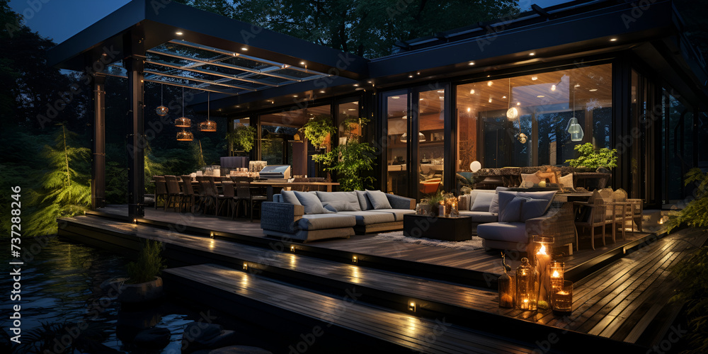 Summer terrace under  a canopy of a modern house  beautiful outdoor seating area, with several luxurious chairs arranged around a fire pit. 
  