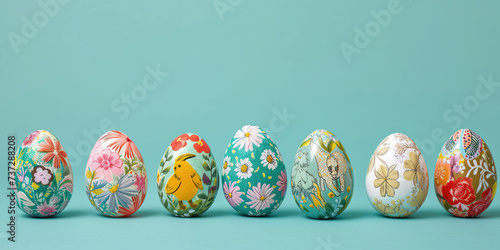Colorful painted Easter eggs arranged in a row against a teal background  showcasing diverse floral and animal patterns with a festive vibe.