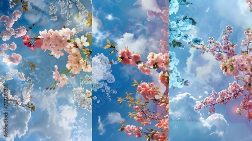 Spring Blossoms Collage Under Blue Sky. A collage of various spring blossoms, including cherry and apple flowers, against a vibrant blue sky with fluffy clouds. See Less 