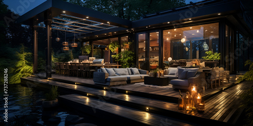 Summer terrace under  a canopy of a modern house  beautiful outdoor seating area  with several luxurious chairs arranged around a fire pit.    