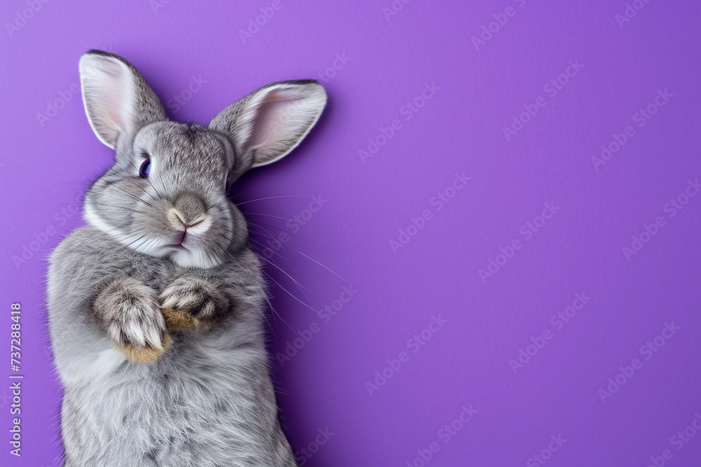 Cute grey rabbit lying on back on purple background, fluffy ears, playful posture, animal antics, bunny paws up, adorable pet, whiskers detail, comical position, close-up shot, space for text.